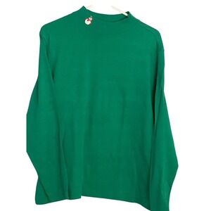 Vintage Womens Green Mock Neck Long Sleeve Top Snowman Christmas Holiday